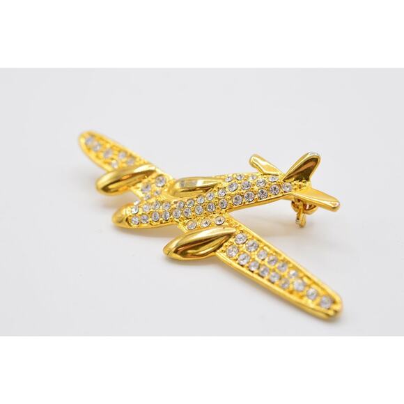 Crystal Airplane Pin Brooch Gold Pave Rhinestone Statement Vintage 1980s Bin1 - Picture 7 of 9